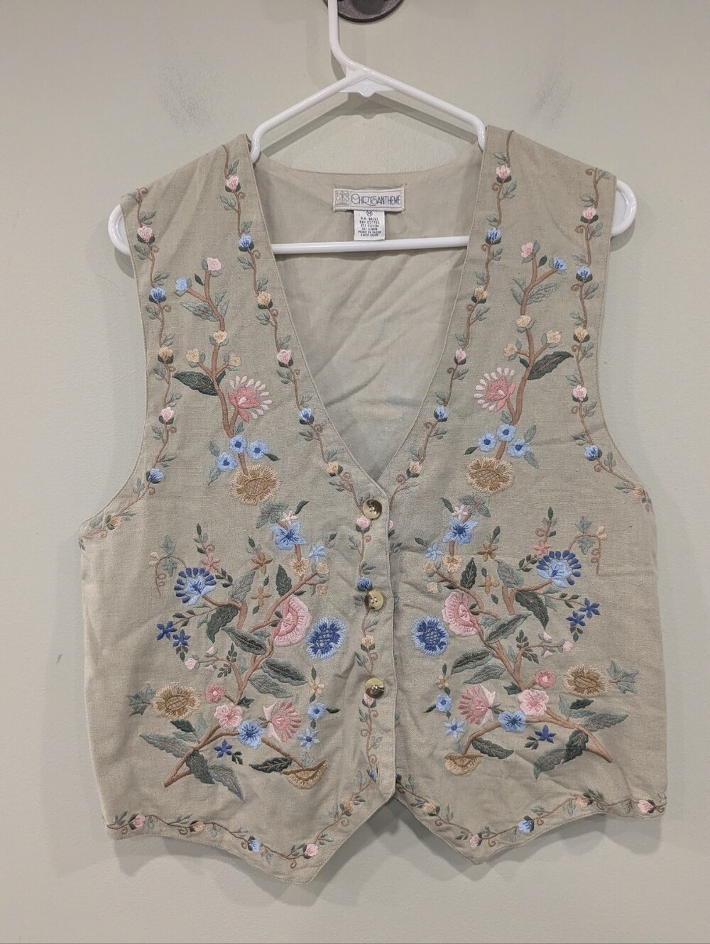 Vintage 90's Cottage Core Chrysantheme Embroidered Cotton Linen Vest Size Medium